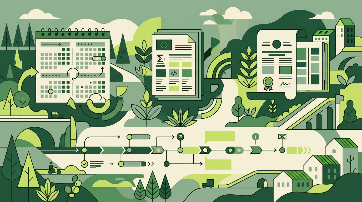 Generierte Editorial-Illustration der EmpCo-Zeitleiste mit EU-Vorgabe, Umsetzung und Anwendung
