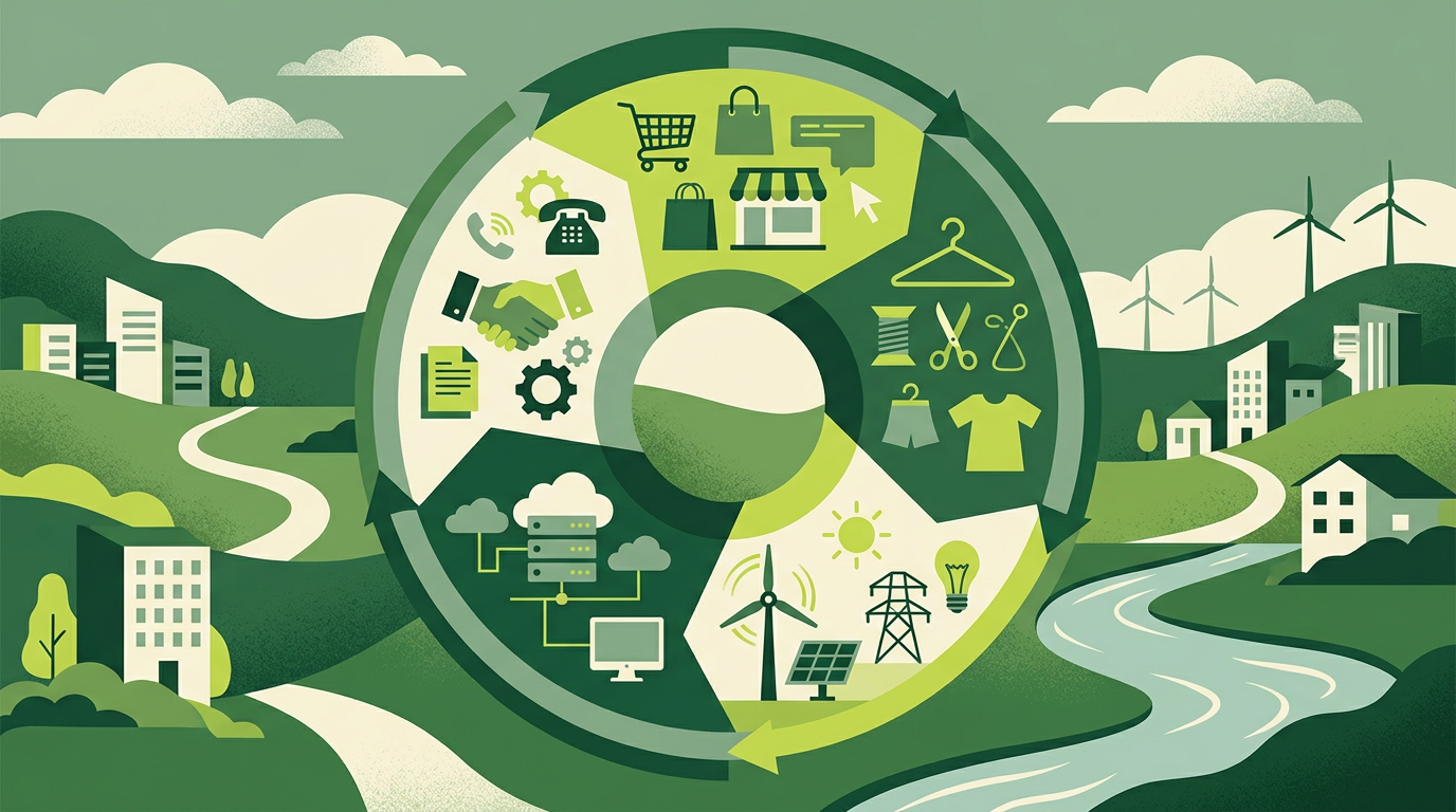 Generierte Editorial-Illustration typischer EmpCo-Claim-Muster in Handel, Mode, Energie, IT und Services