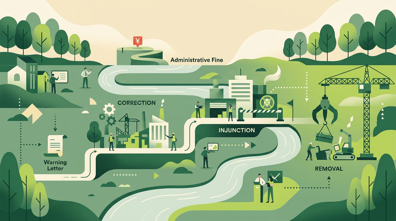 Generierte Editorial-Illustration möglicher EmpCo-Reaktionen von Abmahnung bis Beseitigung