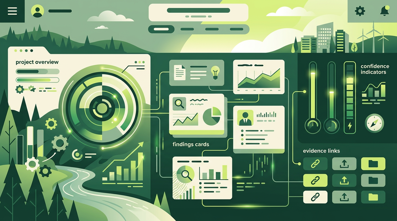 Generierte Editorial-Illustration eines EmpCo-Manager-Dashboards mit Fundstellen und Konfidenzen