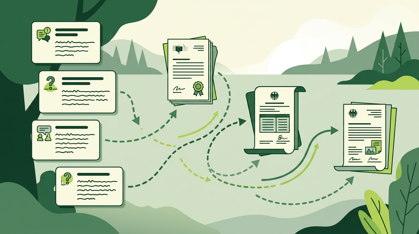 Generierte Editorial-Illustration zu EmpCo-Fragen und amtlichen Quellen
